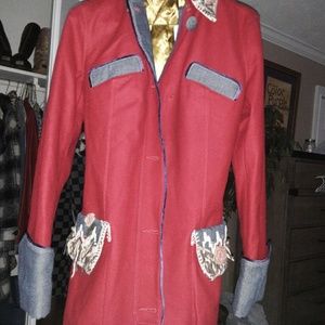 VOYAGE PASSION RED WOOL / DENIM EMBELLISHED COAT S